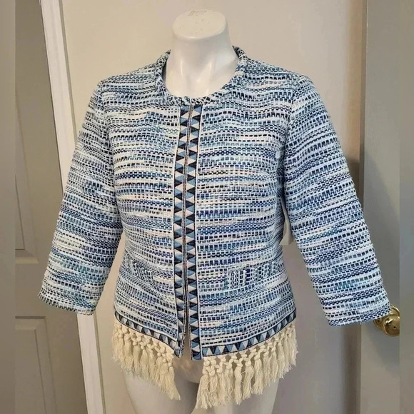 Boston Proper Blue White Tweed Fringe Fully Lined Blazer Jacket(8) - Picture 2 of 13